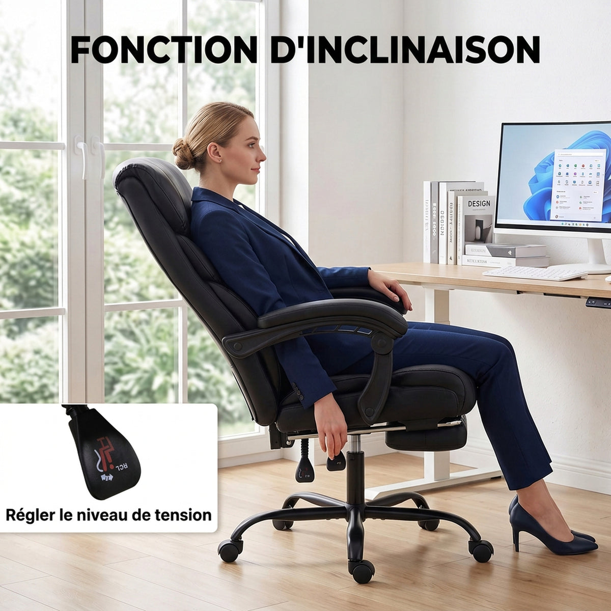 Chaise Bureau Ergonomique Inclinable, Fauteuil de Bureau en PU, Accoudoirs Synchronisés, Hauteur Réglable, Noir