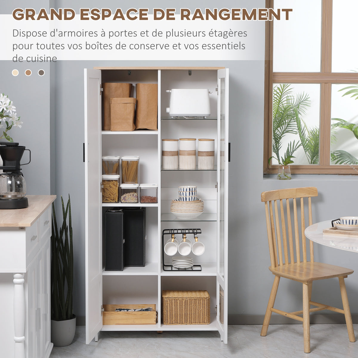Buffet de cuisine armoire de cuisine meuble vitrine 7 étagères dont 3 étagères en verre 76 x 36 x 160 cm blanc