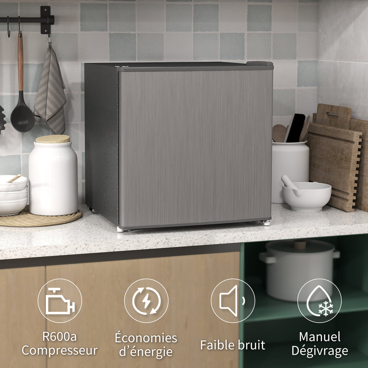 Mini congélateur Température Réglable de -14 à -24°C Compact 35L - Porte réversible Classe E - 47x44,2x48,8cm - Gris