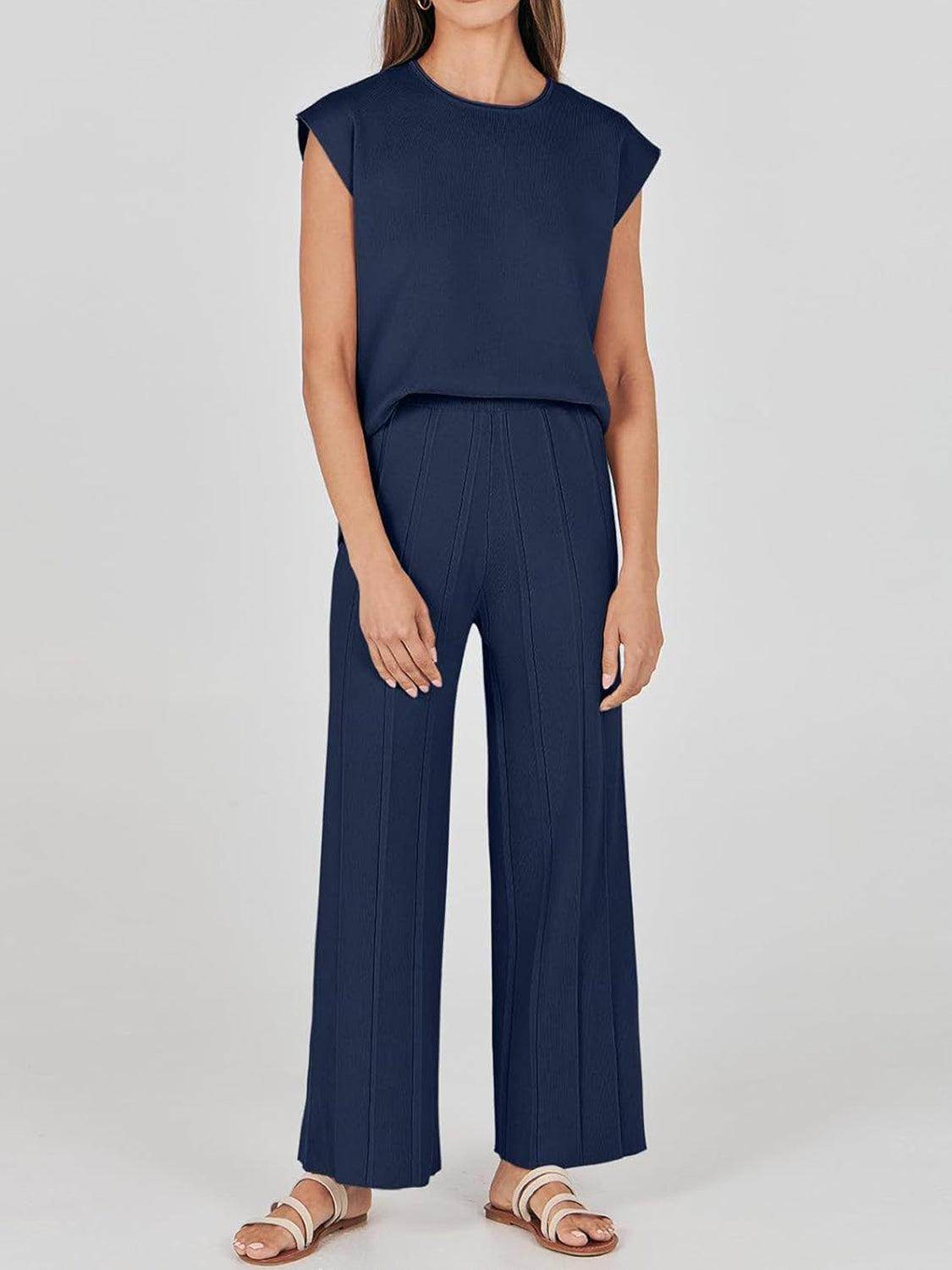 Round Neck Cap Sleeve Top and Pants Knit Set for Women