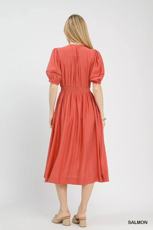Umgee Zip-Front Smocked Waist Midi Dress