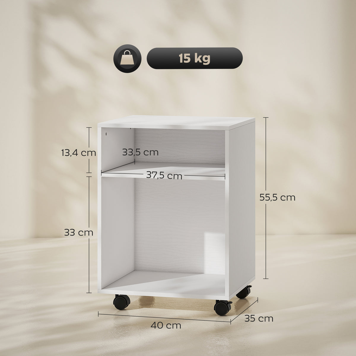 Support d'imprimante, meuble de rangement sur roulettes avec 2 étagères ouvertes, 40x35x55,5cm, blanc