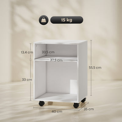 Support d'imprimante, meuble de rangement sur roulettes avec 2 étagères ouvertes, 40x35x55,5cm, blanc