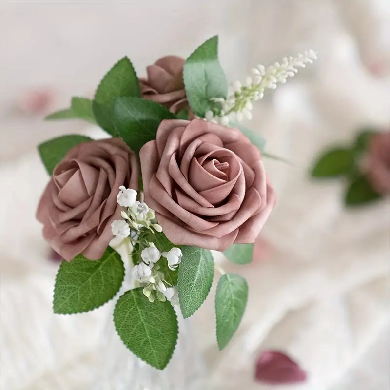 Dusty Rose Artificial Roses Flowers (25pcs) - Real Touch PE Foam, Flexible Wire Stems CAN