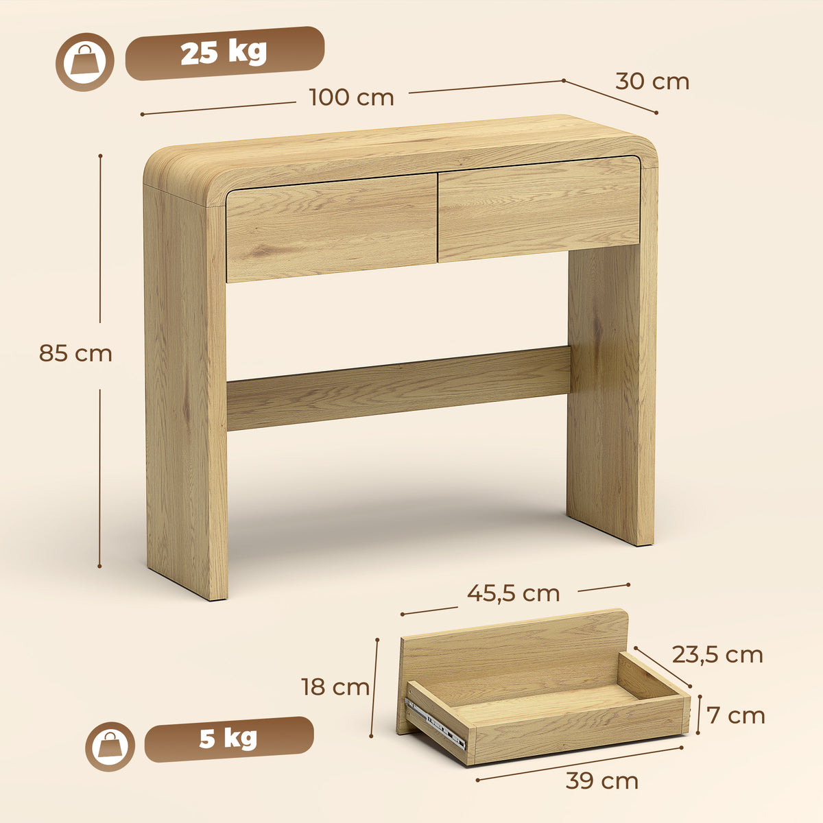Table Console avec 2 Tiroirs, Console Meuble, 100 x 30 x 85 cm, Coins Arrondis et Plateau Épais, Bois Naturel