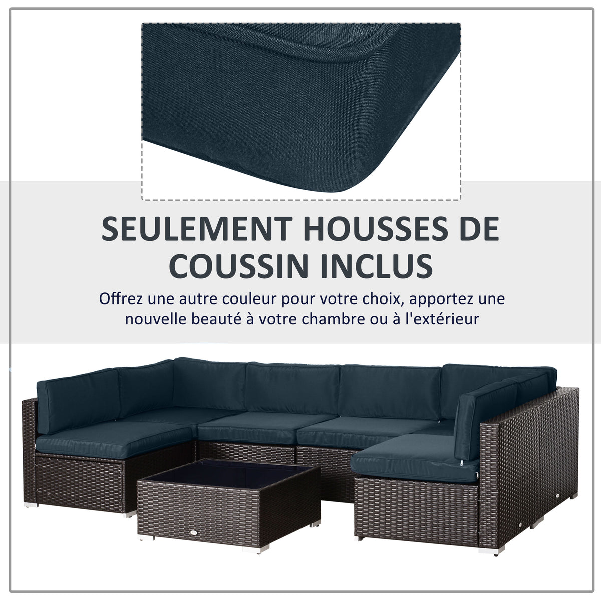 Lot de 14 Housses de Rechange Coussins Salon de Jardin - 6 Housses Coussin d'assise, 8 Housses Coussin Dossier Bleu