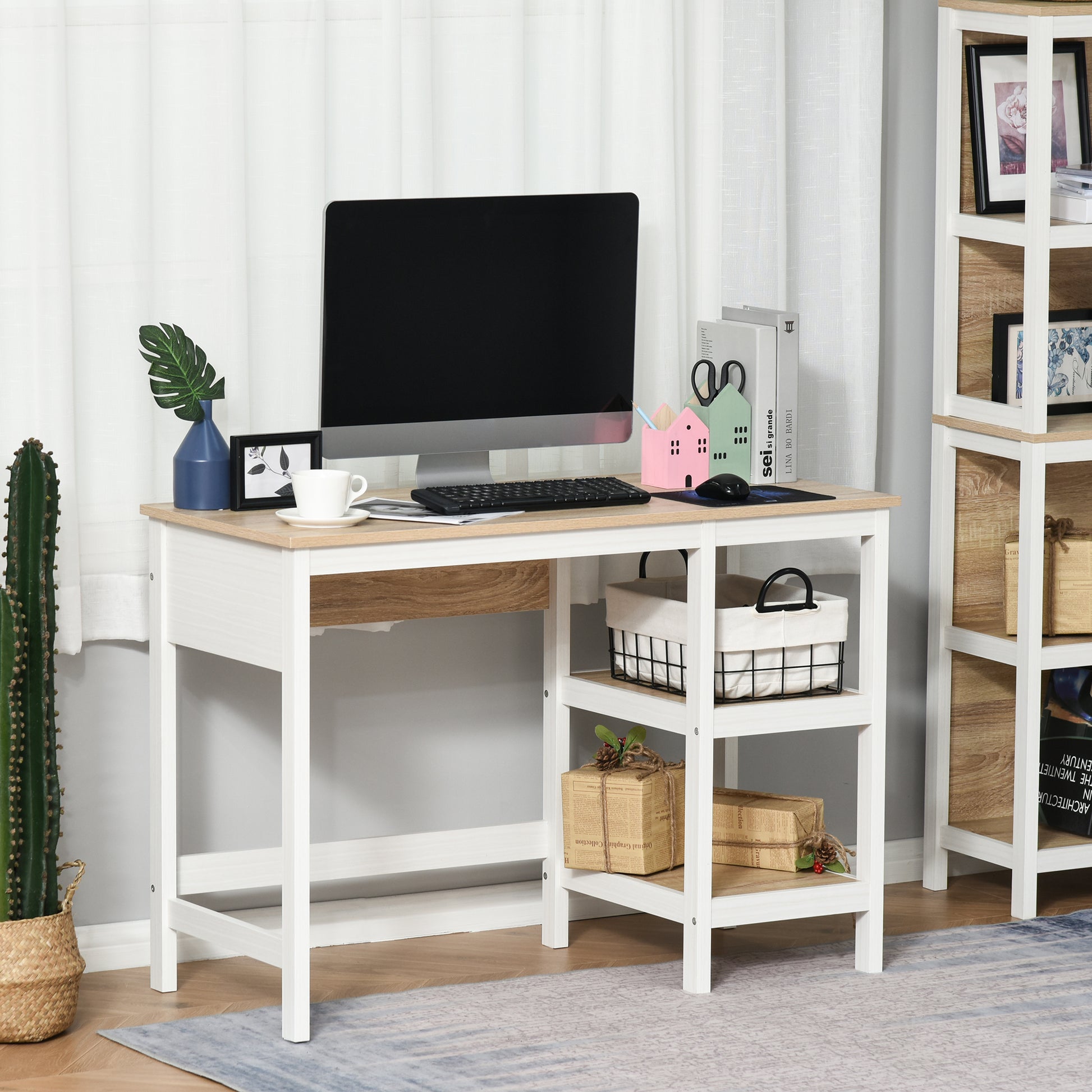 Bureau Informatique multimédia dim. 110L x 48l x 76H cm 2 étagères latérales MDF E1 chêne Clair Blanc