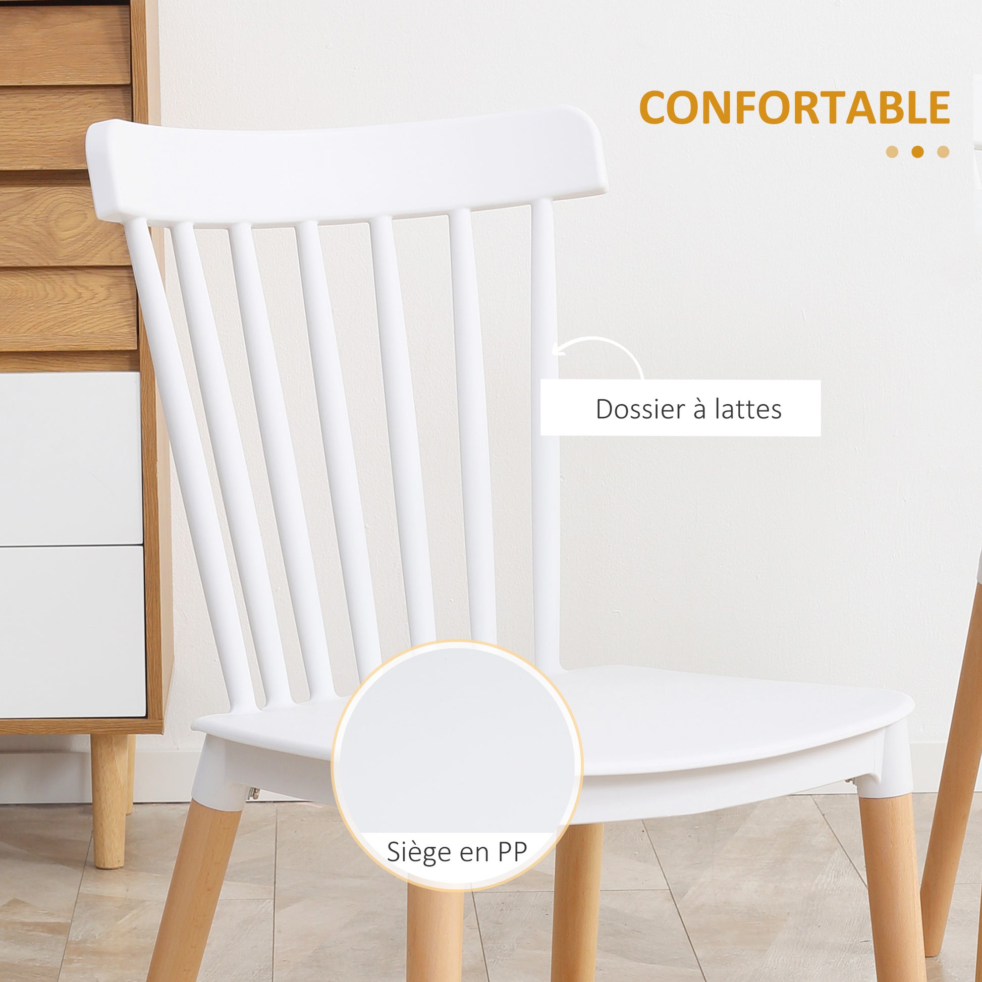 Lot de 4 chaises style scandinave dossier haut assise en polypropylène pieds en hêtre 48 x 52,5 x 83 cm blanc