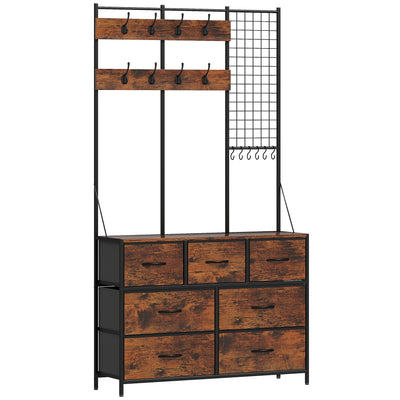 Meuble d'entrée 4 en 1, portemanteau, vestiaire avec 7 tiroirs en tissu et 14 crochets, 100 x 30 x 183 cm, brun rustique