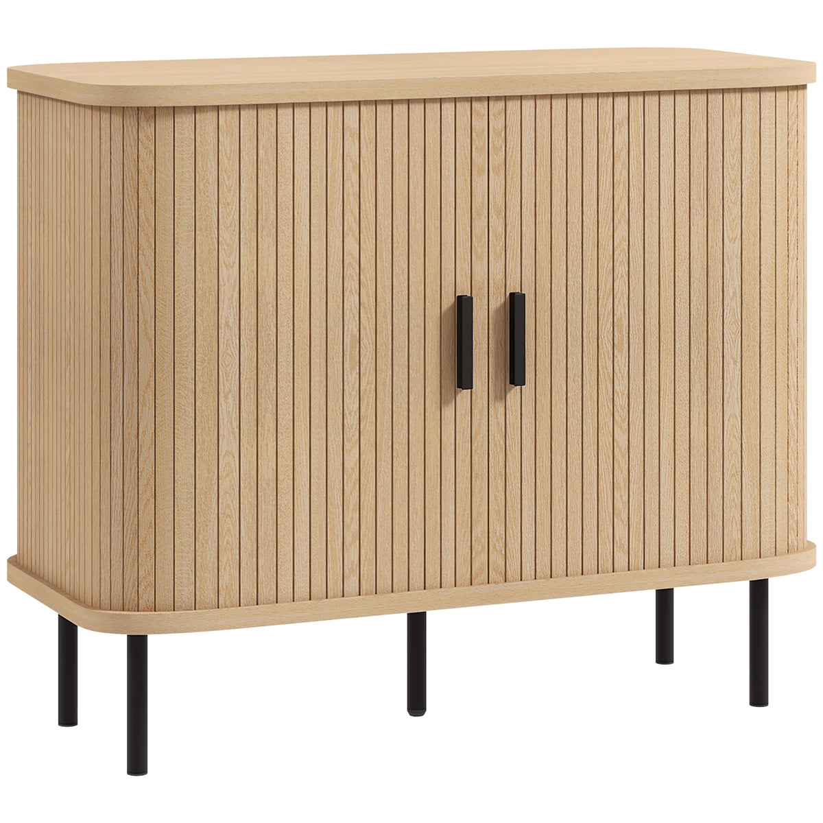 Buffet meuble de rangement avec portes coulissantes à lattes, armoire de cuisine avec pieds en acier, ton chêne