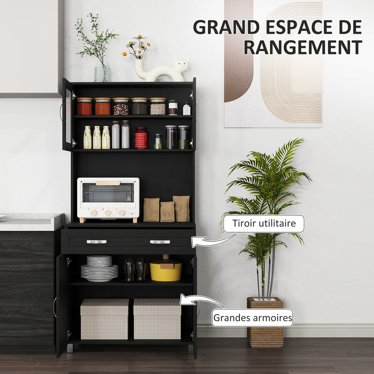 Buffet haut cuisine, armoire de cuisine avec 4 portes, tiroir, plan de travail, étagères réglables, 80x48x170cm, noir