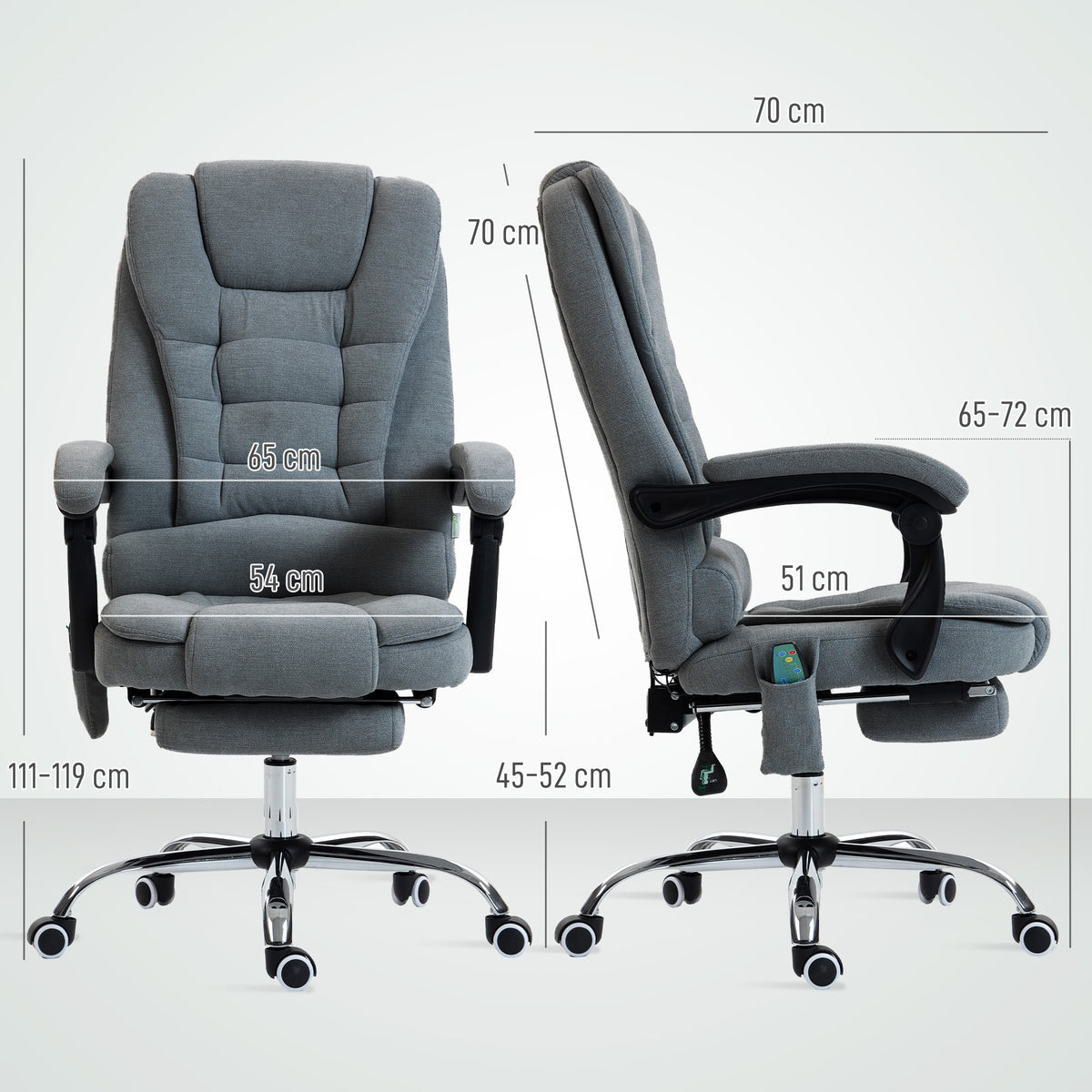 Fauteuil de bureau massant et chauffant, chaise de bureau, hauteur réglable, dossier inclinable, 65x70x111-119cm, gris