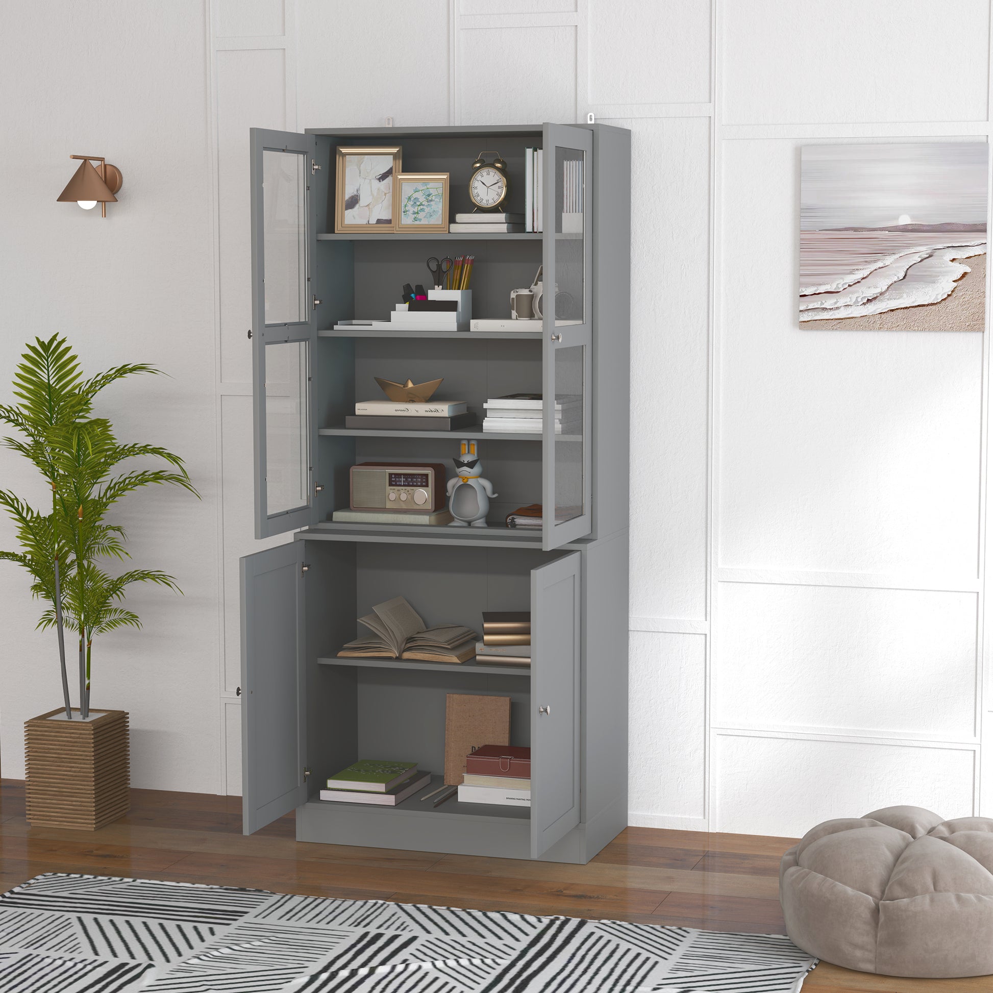 Bibliothèque vitrine, meuble de rangement à 6 niveaux avec 4 portes dont 2 en verre trempé, étagères réglables, gris