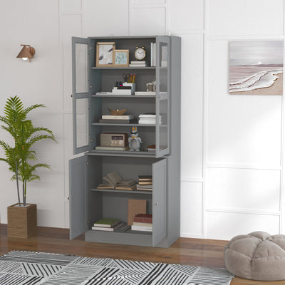Bibliothèque vitrine, meuble de rangement à 6 niveaux avec 4 portes dont 2 en verre trempé, étagères réglables, gris