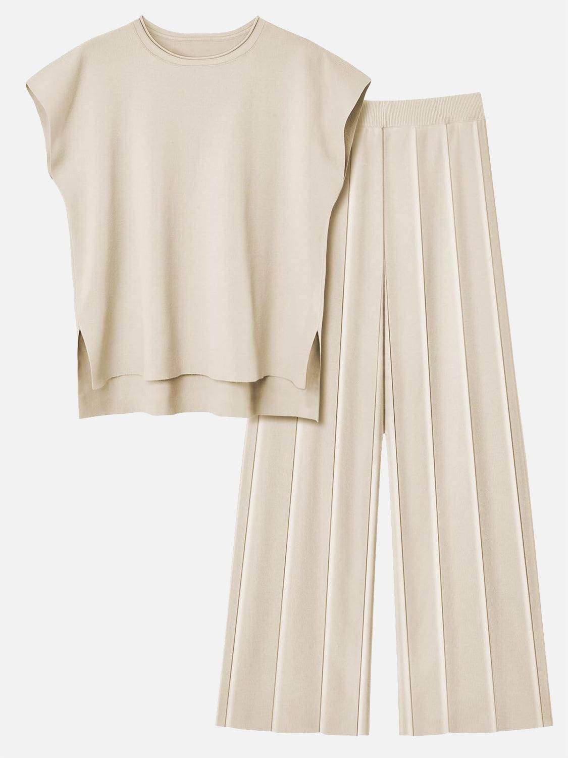 Round Neck Cap Sleeve Top and Pants Knit Set for Women