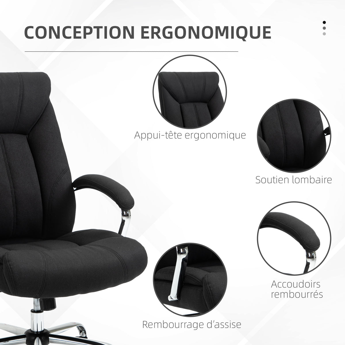 Fauteuil de bureau, chaise de bureau ergonomique, hauteur réglable, dossier haut, fonction de bascule, 65x78x118cm, noir