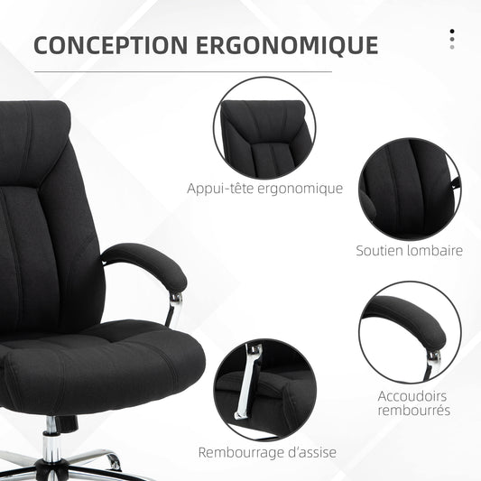 Fauteuil de bureau, chaise de bureau ergonomique, hauteur réglable, dossier haut, fonction de bascule, 65x78x118cm, noir