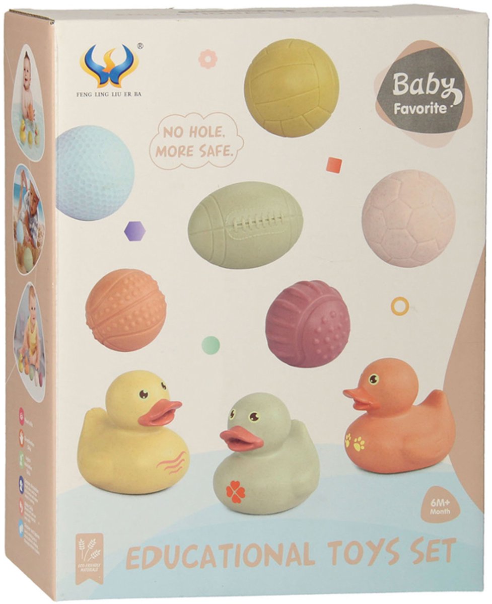 Lobbes toys, for example, bath toy set with sensory bath balls, rubber ducks, pastel