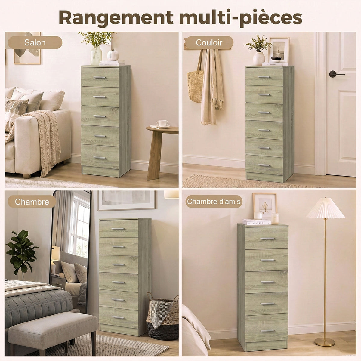 Commode 6 Tiroirs, Meuble de Rangement, Style Moderne, pour Chambre à Coucher, Entrée, Couloir, 40x40x110cm, Chêne