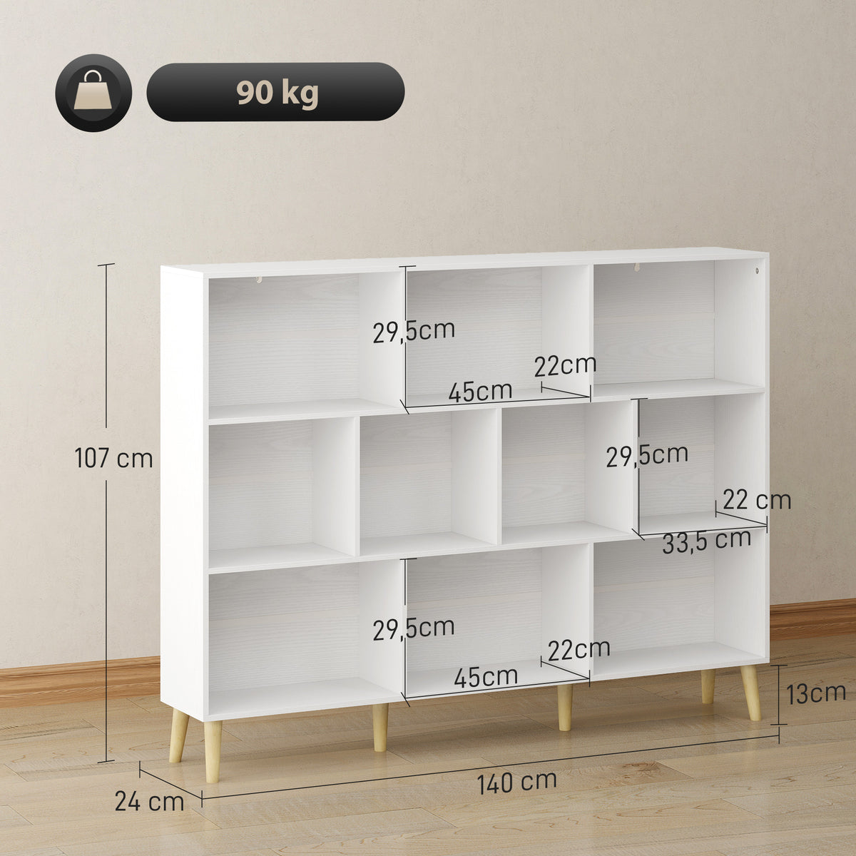 Bibliothèque à 3 Niveaux avec 10 Compartiments, Étagère de Rangement avec Pieds en Bois Massif, Effet Bois Blanc