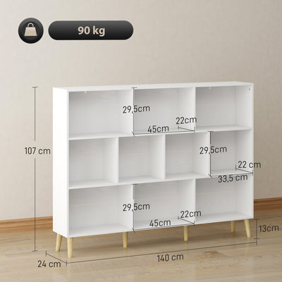 Bibliothèque à 3 Niveaux avec 10 Compartiments, Étagère de Rangement avec Pieds en Bois Massif, Effet Bois Blanc