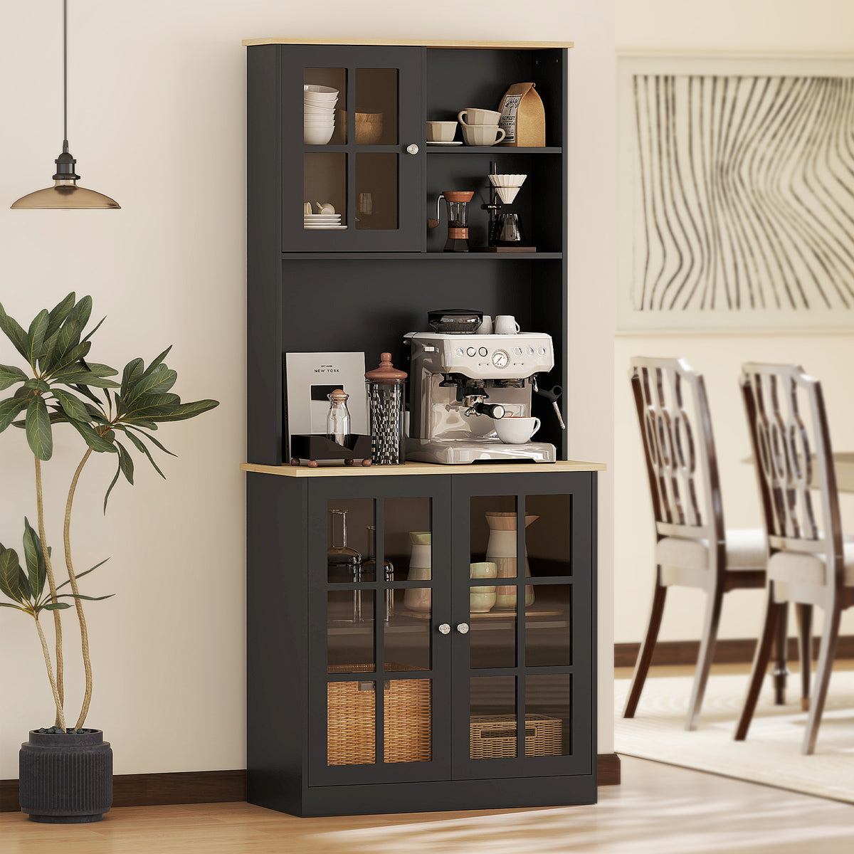 Buffet cuisine, meuble cuisine rangement haut, meuble de rangement avec plan de travail, 3 portes vitrées, 2