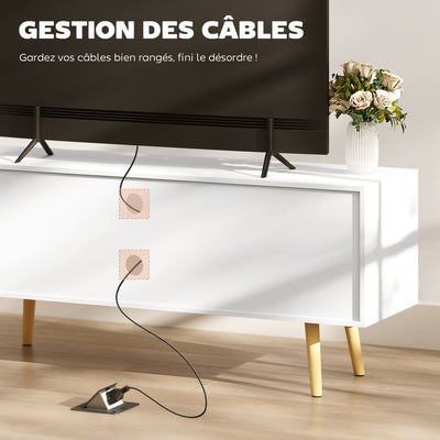 Meuble TV style scandinave 2 portes 2 niches passe-fils piètement bois pin panneaux blanc - 120 x 34 x 50 cm blanc