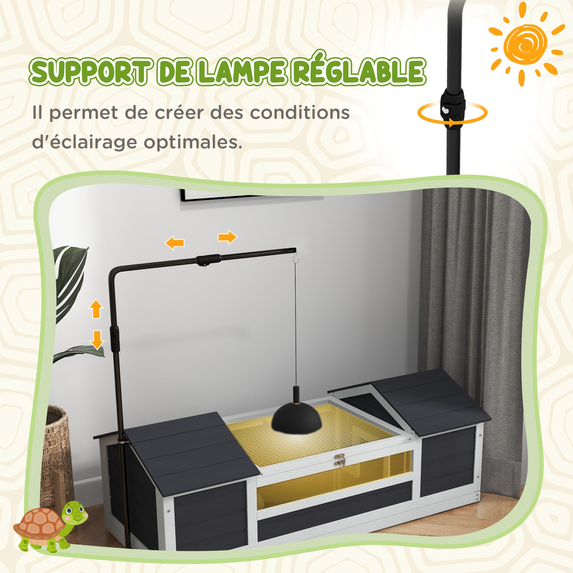 Maison tortue terrestre extérieure enclos tortue 2 niches support de lampe réglable bois massif 120 x 56,5 x 43 cm gris