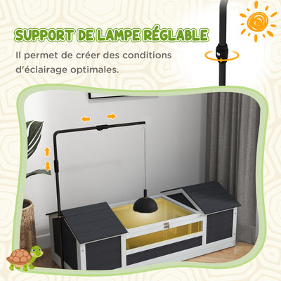 Maison tortue terrestre extérieure enclos tortue 2 niches support de lampe réglable bois massif 120 x 56,5 x 43 cm gris