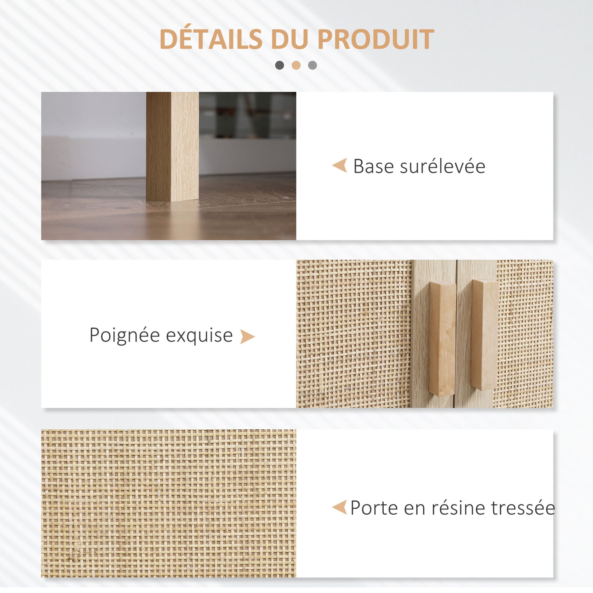Buffet Meuble de Rangement Placard 3 Portes avec étagère réglable Effet cannage Style bohème - 136 x 41 x 70 cm