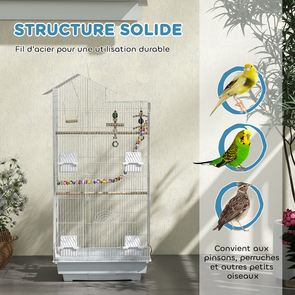 Cage à oiseaux 46 x 36 x 100 cm 4 mangeoires 3 perchoirs cage pour perruche calopsitte conure pinson canaris