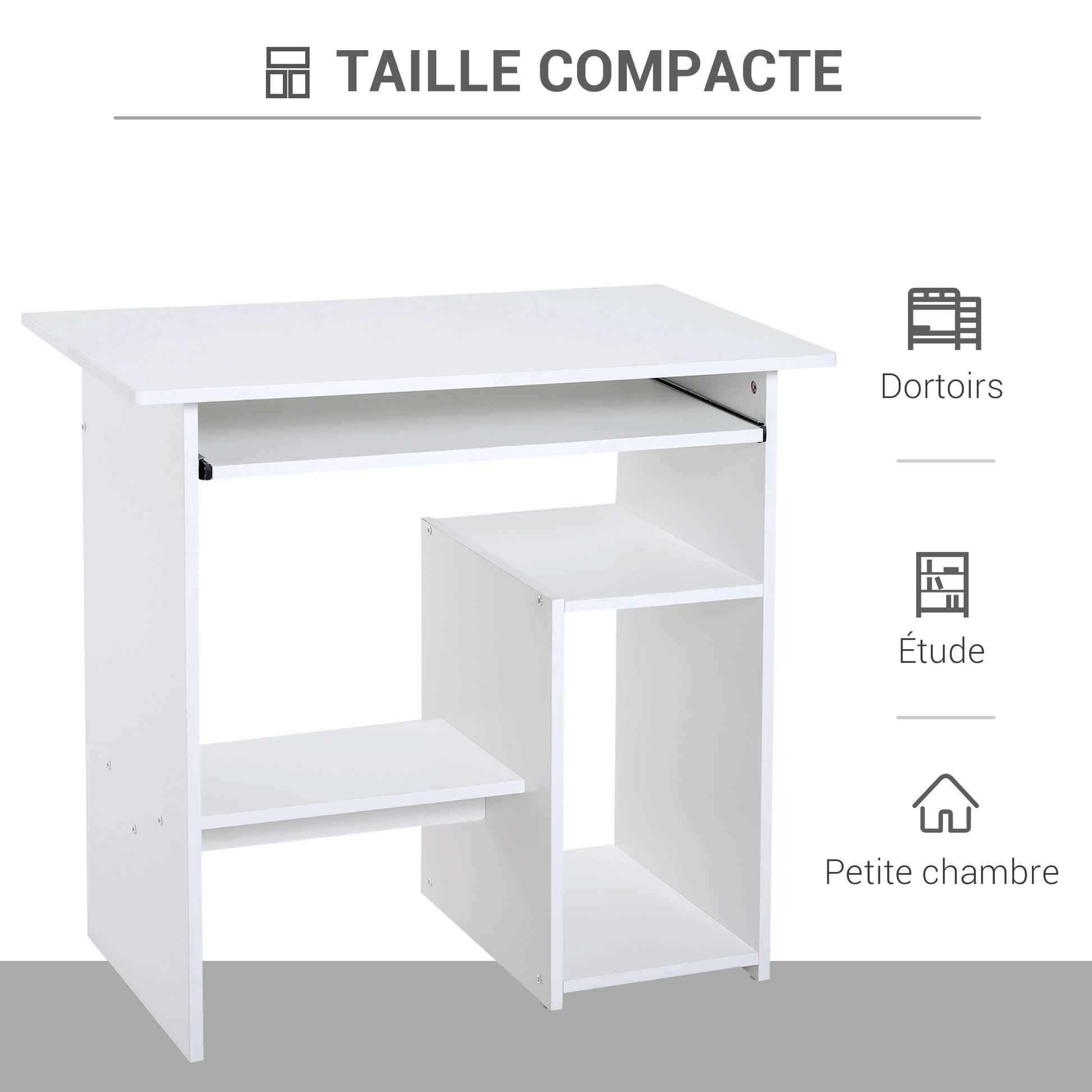 Bureau d'ordinateur, bureau avec rangement, plateau pour clavier et support de moniteur, 80 x 45 x 75 cm, blanc
