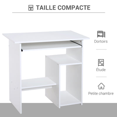 Bureau d'ordinateur, bureau avec rangement, plateau pour clavier et support de moniteur, 80 x 45 x 75 cm, blanc