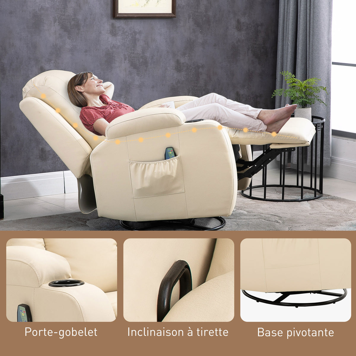 Fauteuil de Massage et Relaxation Chauffant 360° pivotant inclinable manuellement Repose-Pied télécommande
