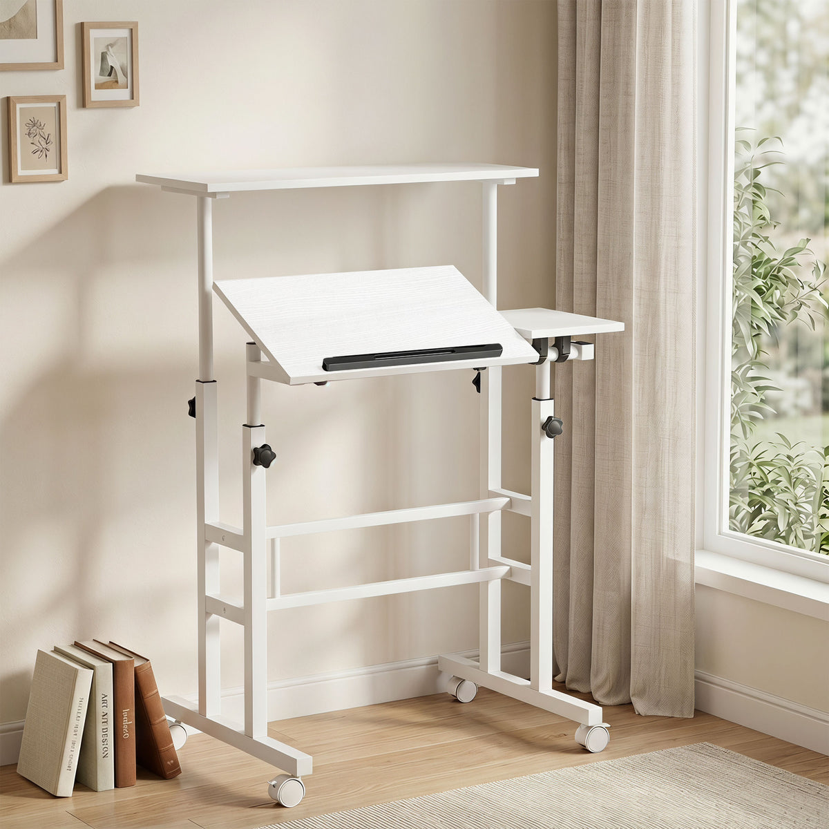 Bureau Assis-Debout, Bureau Réglable en Hauteur 70 x 60 cm, à Roulettes avec Plateau Inclinable, 70x60x70,5-120cm, Blanc