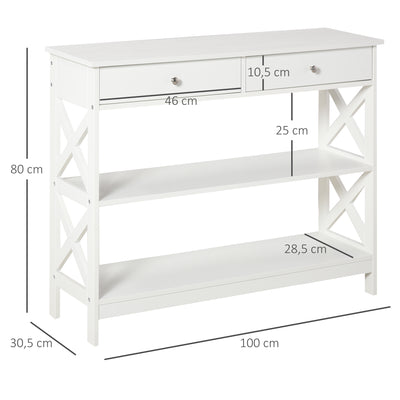 Table de console table d'entrée style table de drapier néo-rétro 2 tiroirs 2 étagères dim. 100L x 30,5l x 80H cm en bois blanc