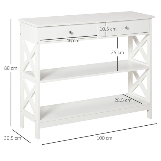 Table de console table d'entrée style table de drapier néo-rétro 2 tiroirs 2 étagères dim. 100L x 30,5l x 80H cm en bois blanc