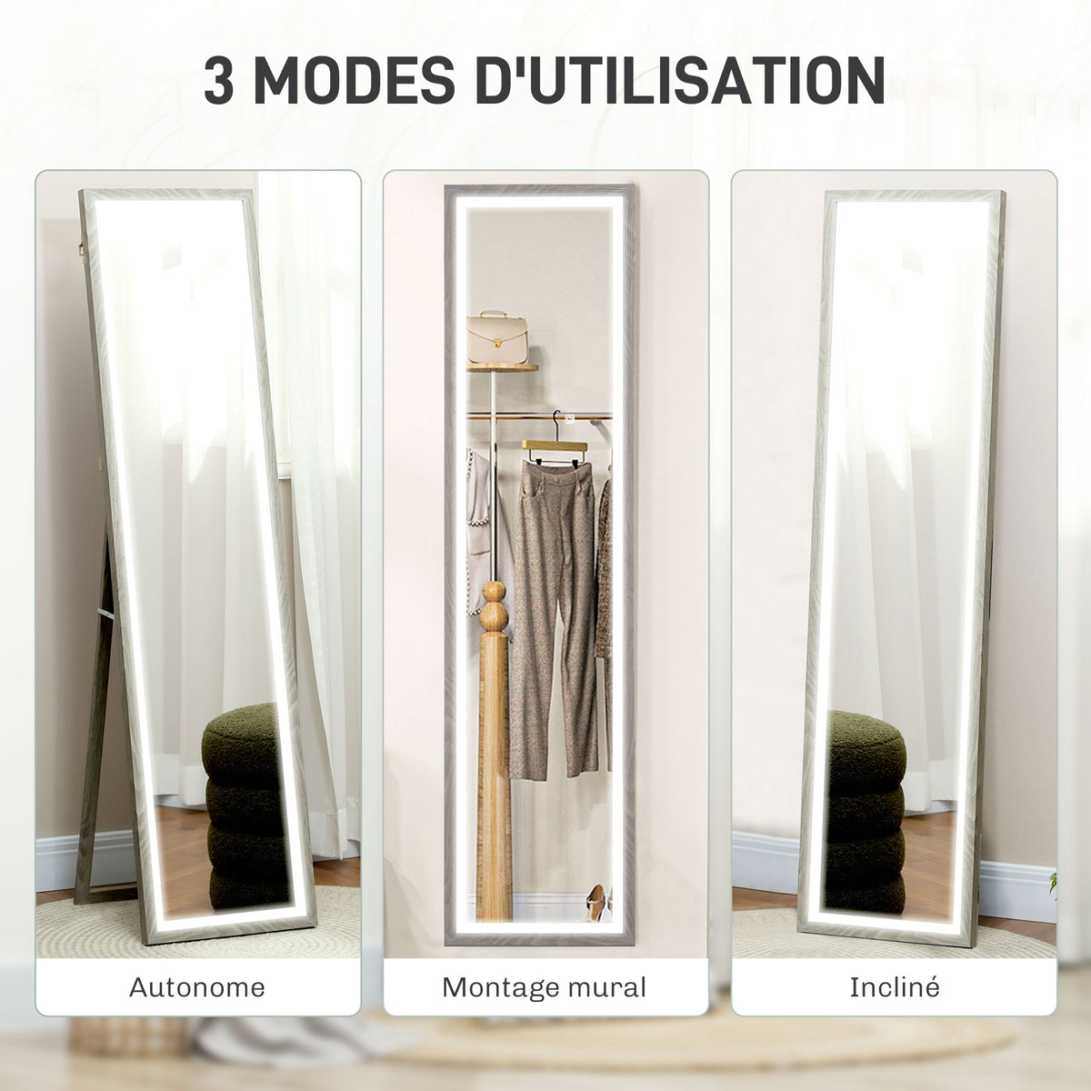 Grand miroir pleine longueur, miroir mural ou sur pied rectangulaire, 40 x 160 cm avec éclairage LED 3 couleurs, gris