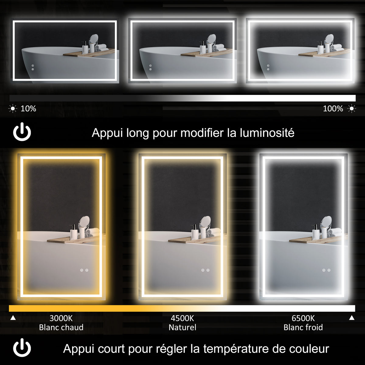 Miroir salle de bain éclairage LED miroir lumineux salle de bain mural interrupteur tactile lumière 3 couleurs 100 x 60 cm