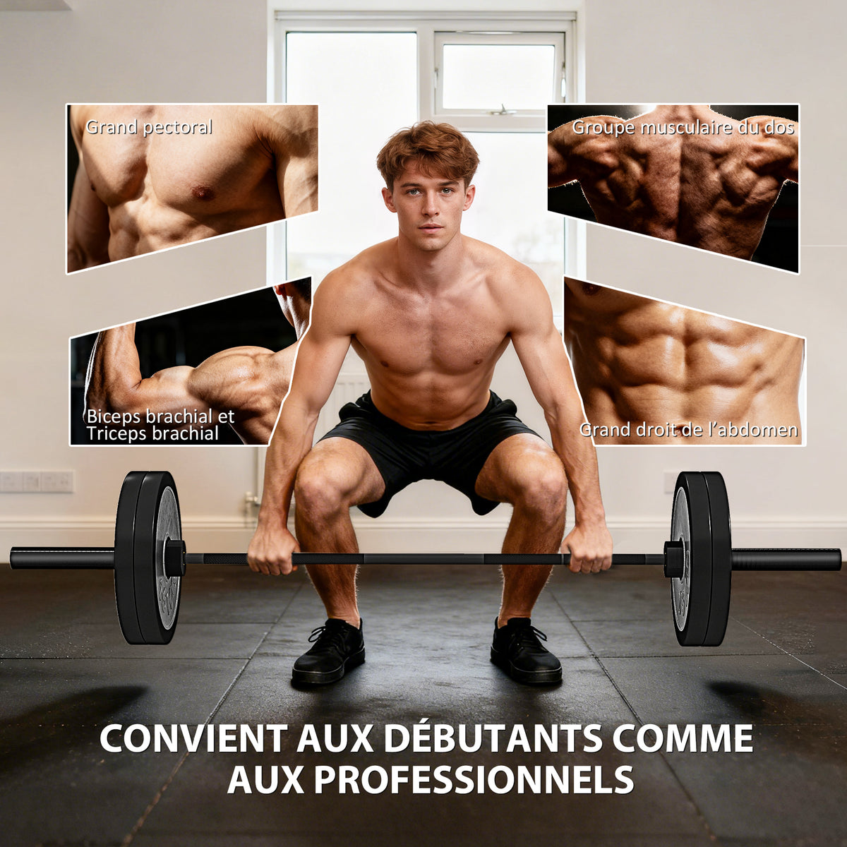 Barre Olympique de 50 mm en Acier Finition Mate avec Prise Moletée et Manchons Longs, Charge 200 kg, Ø5 x 180 cm, Noir