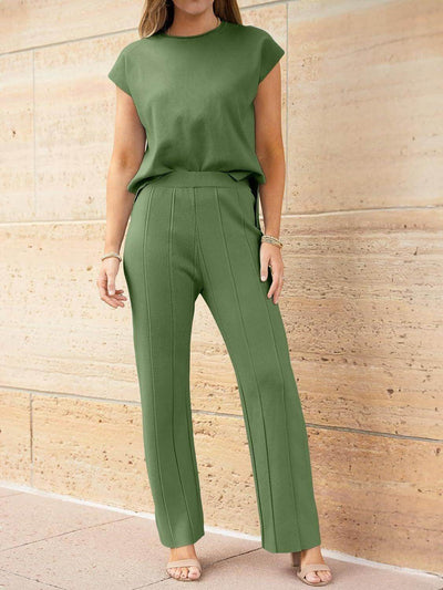 Round Neck Cap Sleeve Top and Pants Knit Set for Women