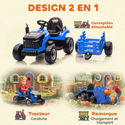 Tracteur électrique enfants avec remorque amovible, voiture électrique enfants, télécommande 2,4G, 139x58x55cm, bleu