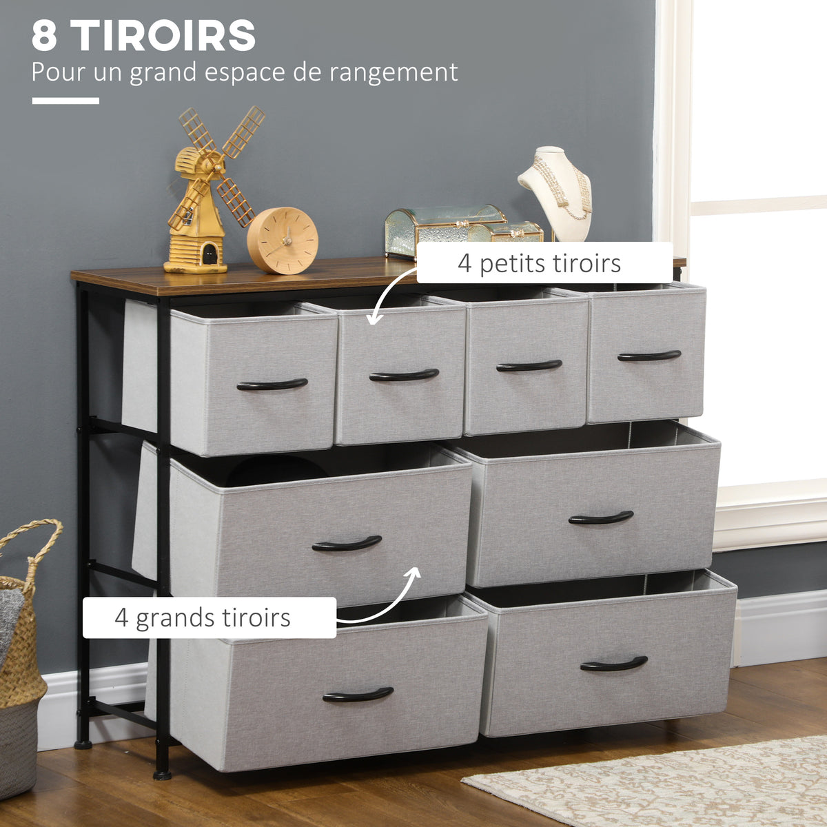 Commode 8 tiroirs meuble de rangement tiroir en tissu pliant - structure acier noir - 100 x 30 x 78 cm