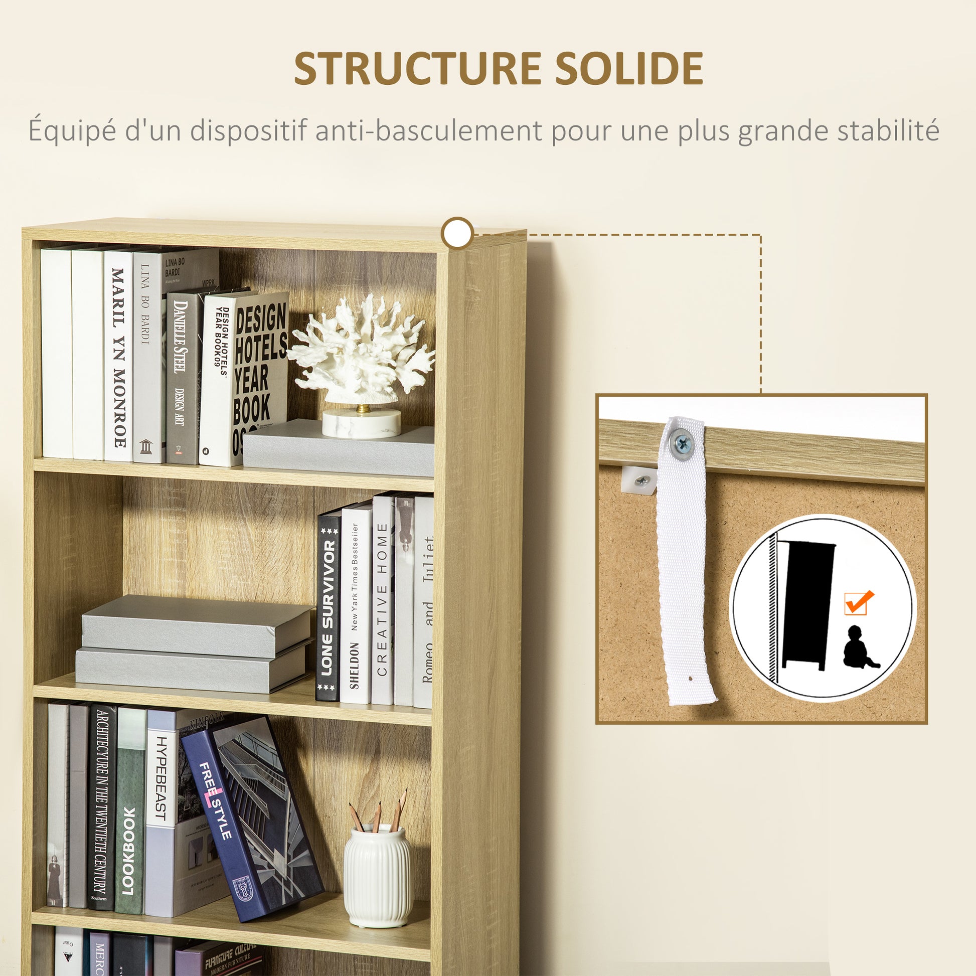 Bibliothèque Armoire à livres avec 4 compartiments ouverts et 2 portes pour le salon et le bureau 59x29x180 cm Bois naturel