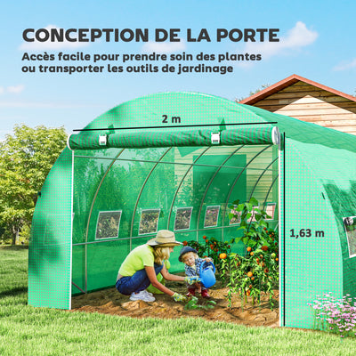 Serre de jardin tunnel 24m² 8L x 3l x 2H m - 16 fenêtres, Porte zippée enroulable acier galvanisé, bâche PE, Vert