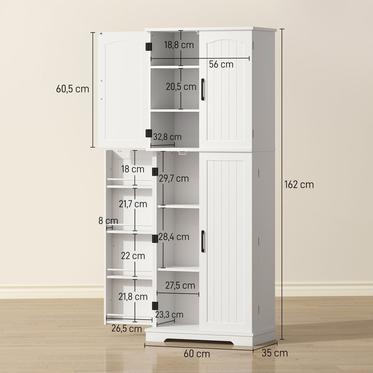 Buffet haut cuisine, armoire de cuisine, 4 portes, 10 niches, 8 porte-épices et étagères réglables, 60x35x162cm, blanc