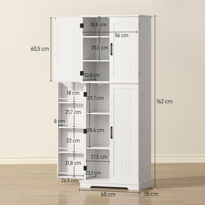 Buffet haut cuisine, armoire de cuisine, 4 portes, 10 niches, 8 porte-épices et étagères réglables, 60x35x162cm, blanc