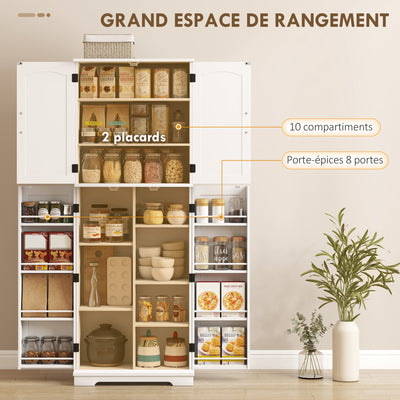 Buffet haut cuisine, armoire de cuisine, 4 portes, 10 niches, 8 porte-épices et étagères réglables, 60x35x162cm, blanc