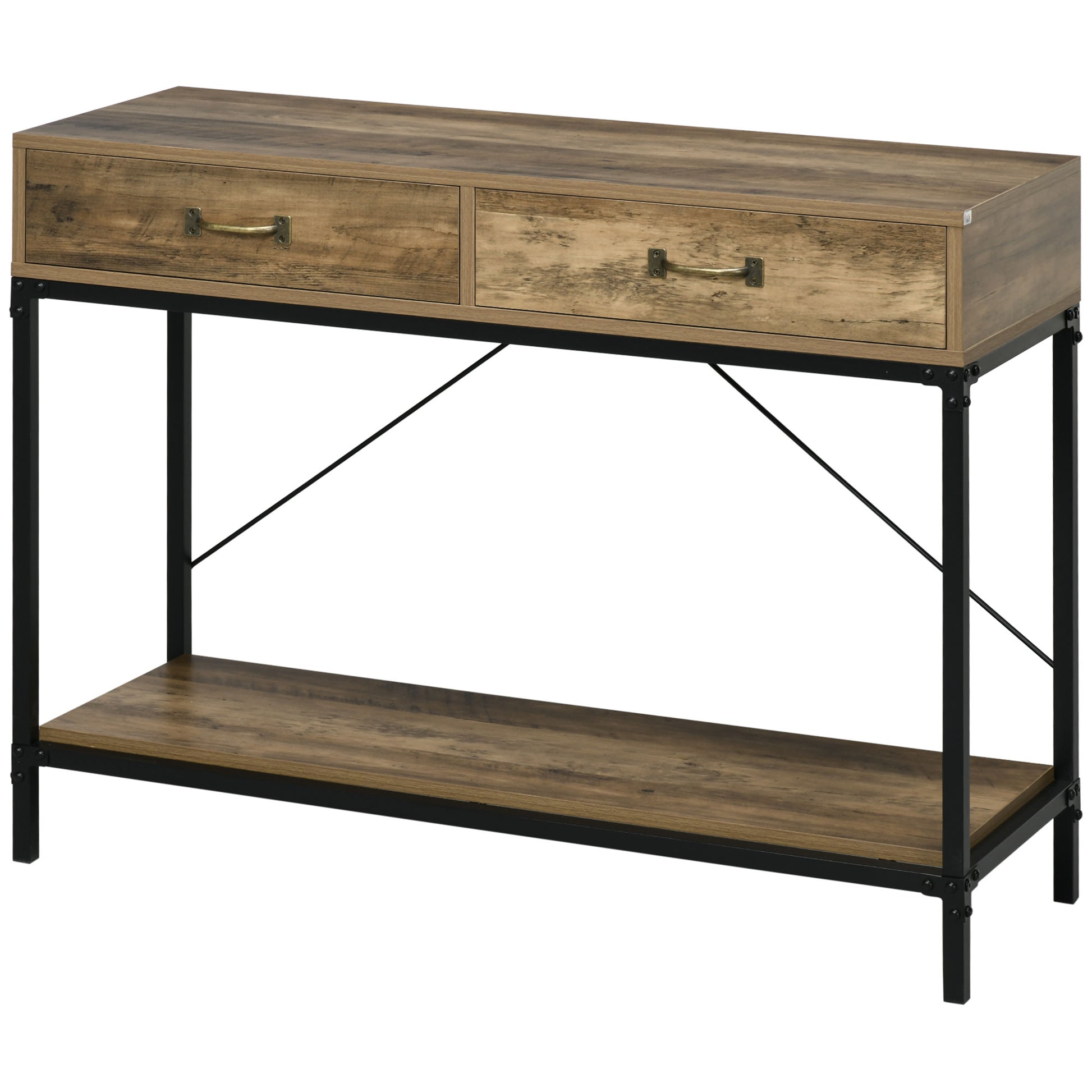 Table Console Table d'appoint d'entrée Industriel dim. 100L x 35l x 76H cm avec 2 tiroirs et 1 plateau Aspect Bois