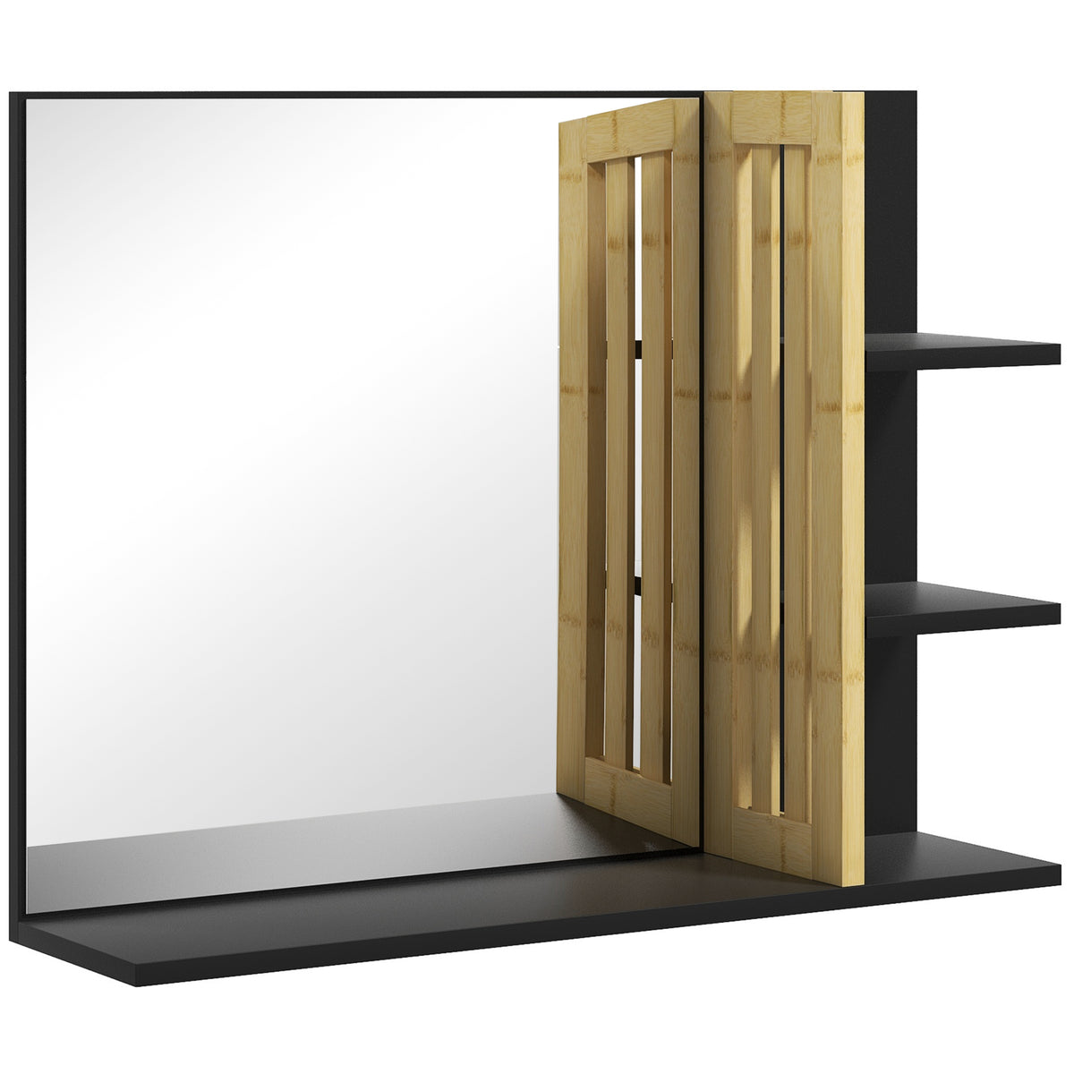Miroir mural de salle de bain avec étagères de rangement - 3 étagères latérales + 1 étagère inférieure - bois de bambou